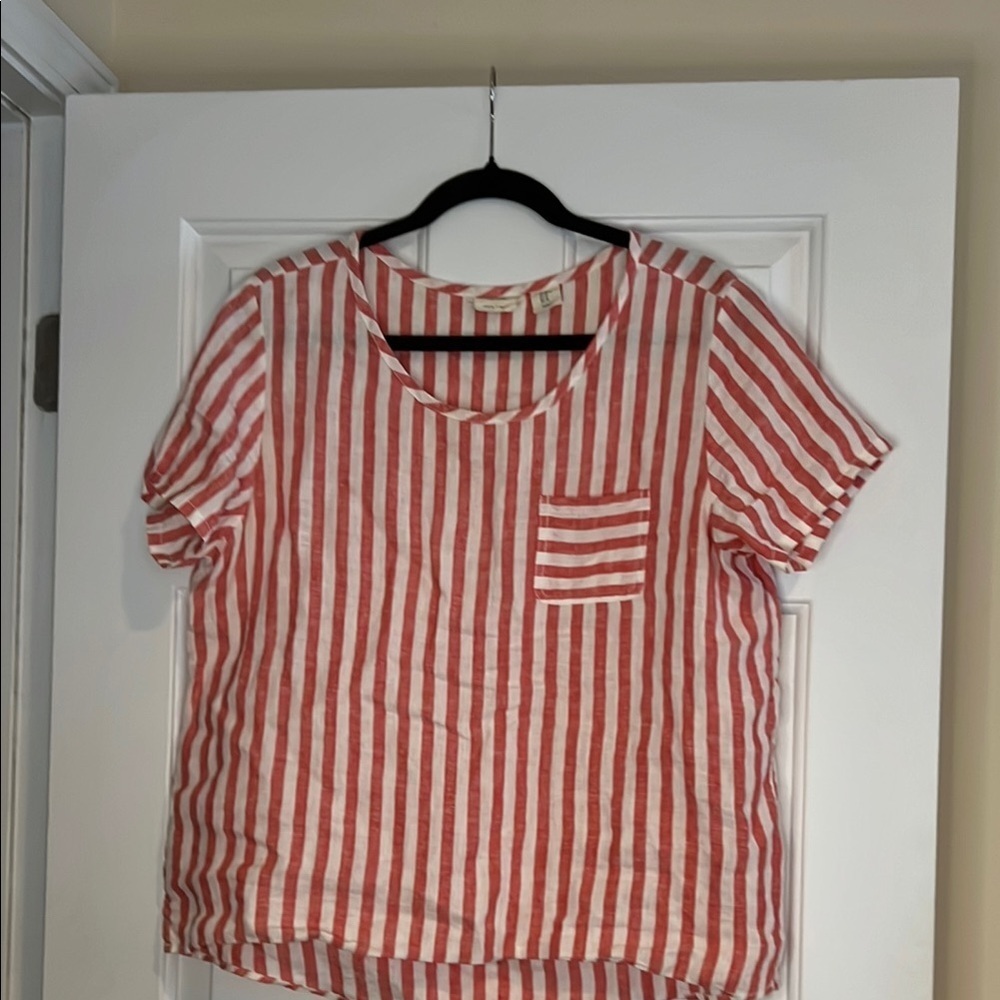 Christian Siriano 100% Linen Red and White Striped Short Sleeve Top High-Low